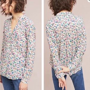 Maeve White Printed Butterfly Button-Up Blouse